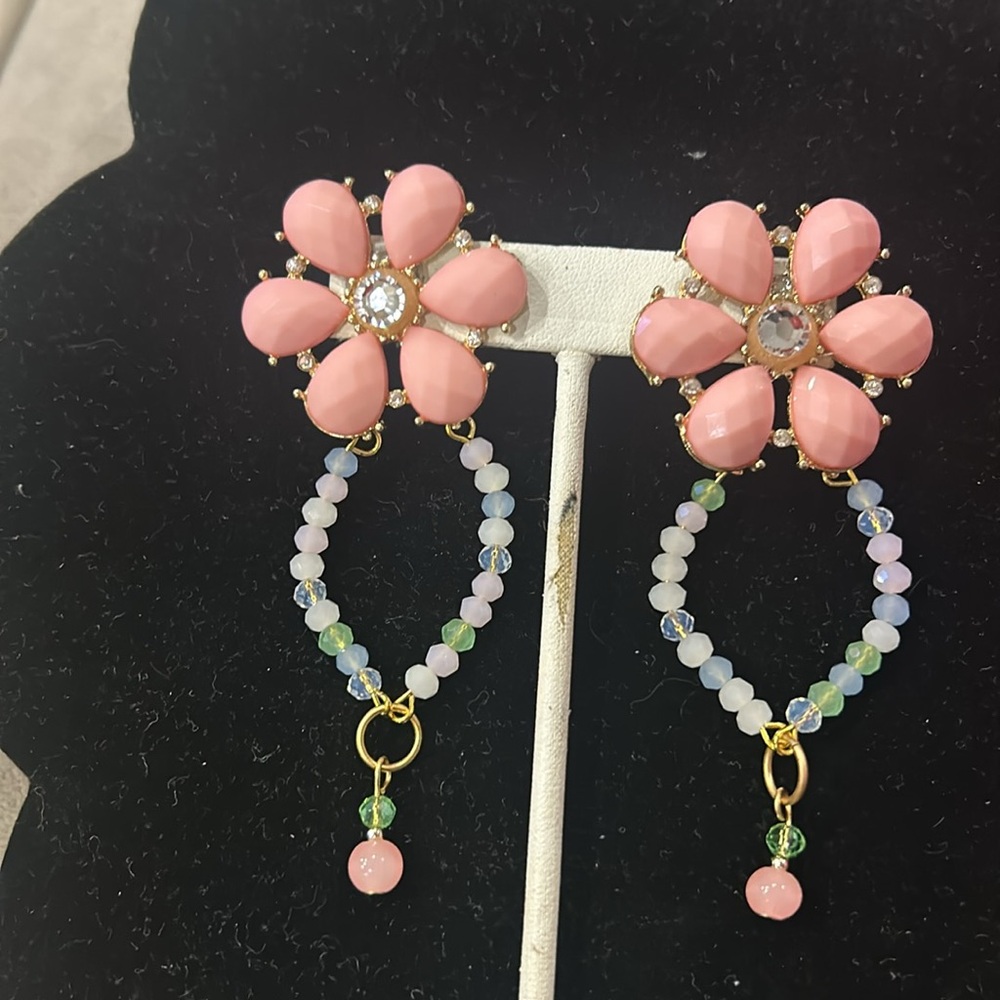 Vintage Pink Flowers with Pastel Crystal Earrings-Boutique